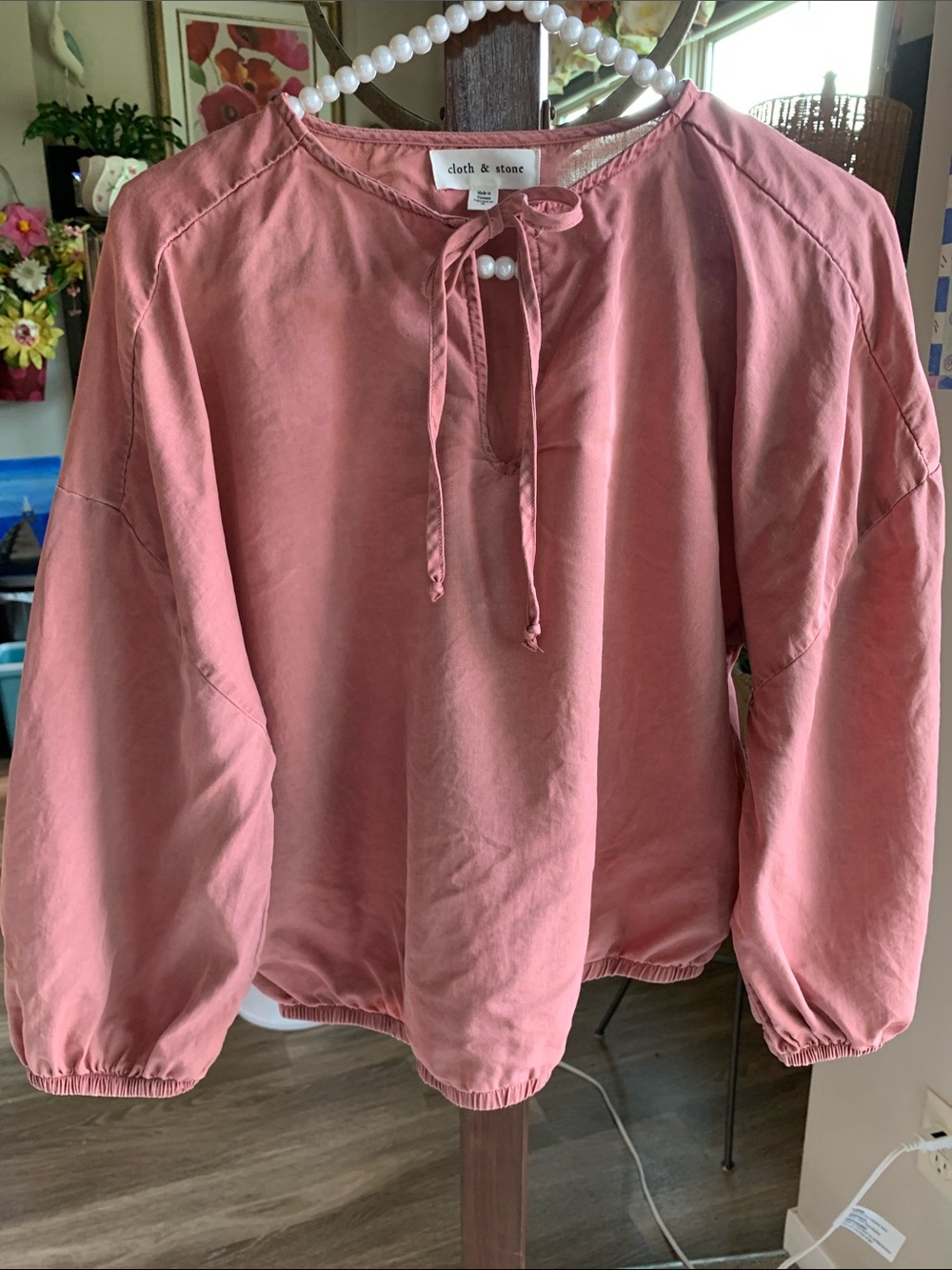 cloth & stone tencil rose pink tie-neck peasant top Size S
